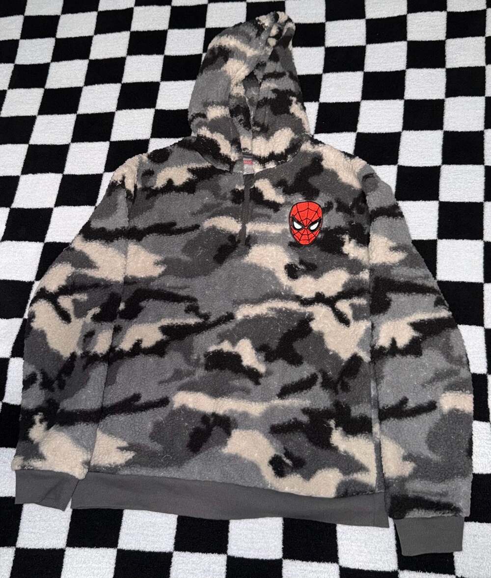 Marvel Spider-Man Gray Camo Faux Shearling 1/4 Zip Pullover Hoodie-kids Xl - Picture 1 of 5